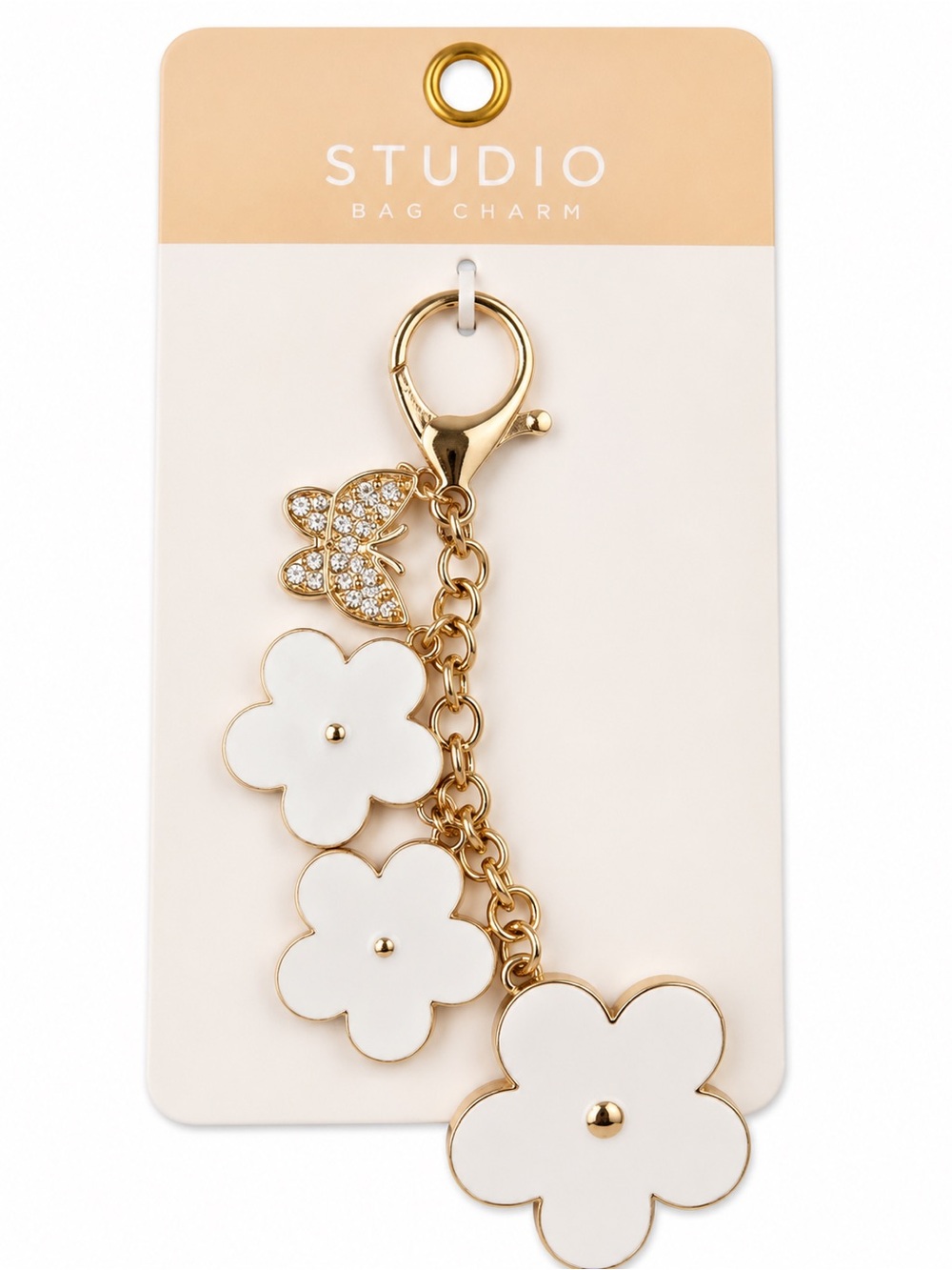 Studio White Flower Butterfly Bag Charm Keychain Gold Tone NWT